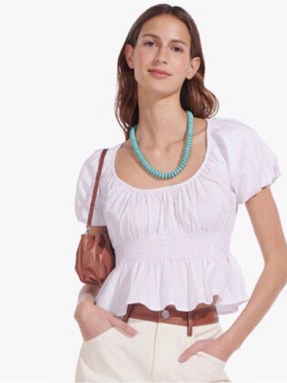 STAUD Lucia Smocked Poplin White Top XL